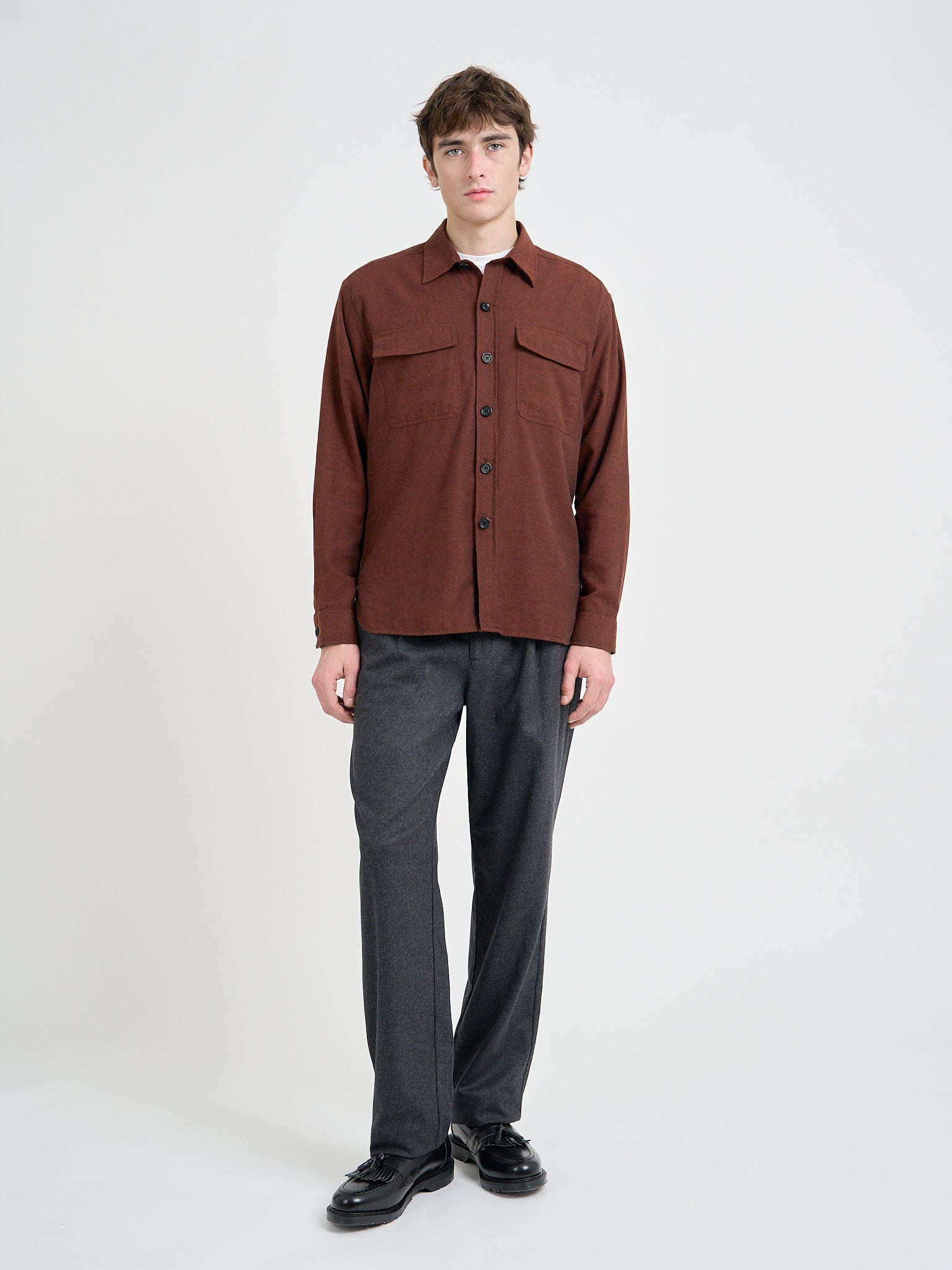 Model wearing Oliver Spencer Men's Rust Brushed Cotton Overshirt