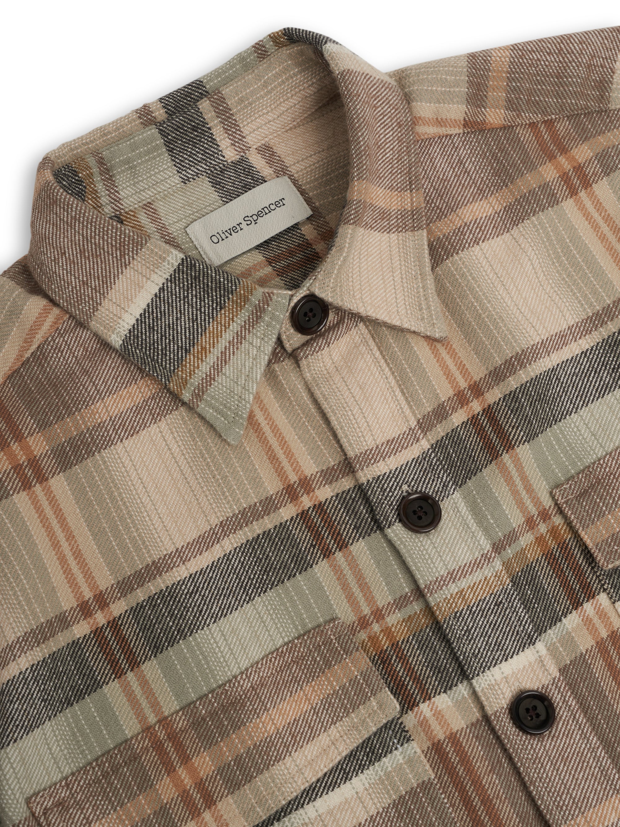 Close up material shot of Oliver Spencer Men's Beige Brushed Cotton Check Overshirt