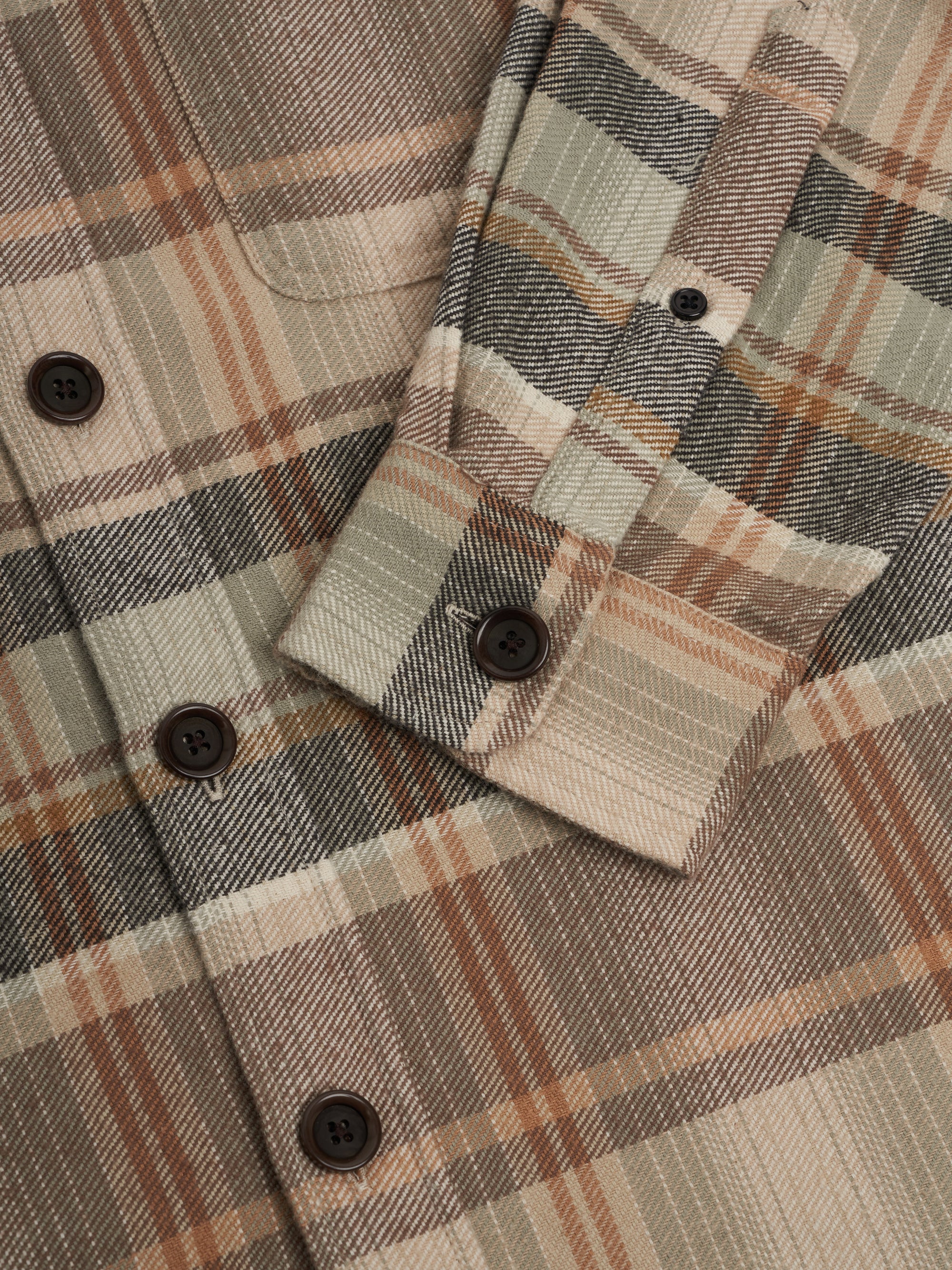 Close up cuff shot of Oliver Spencer Men's Beige Brushed Cotton Check Overshirt