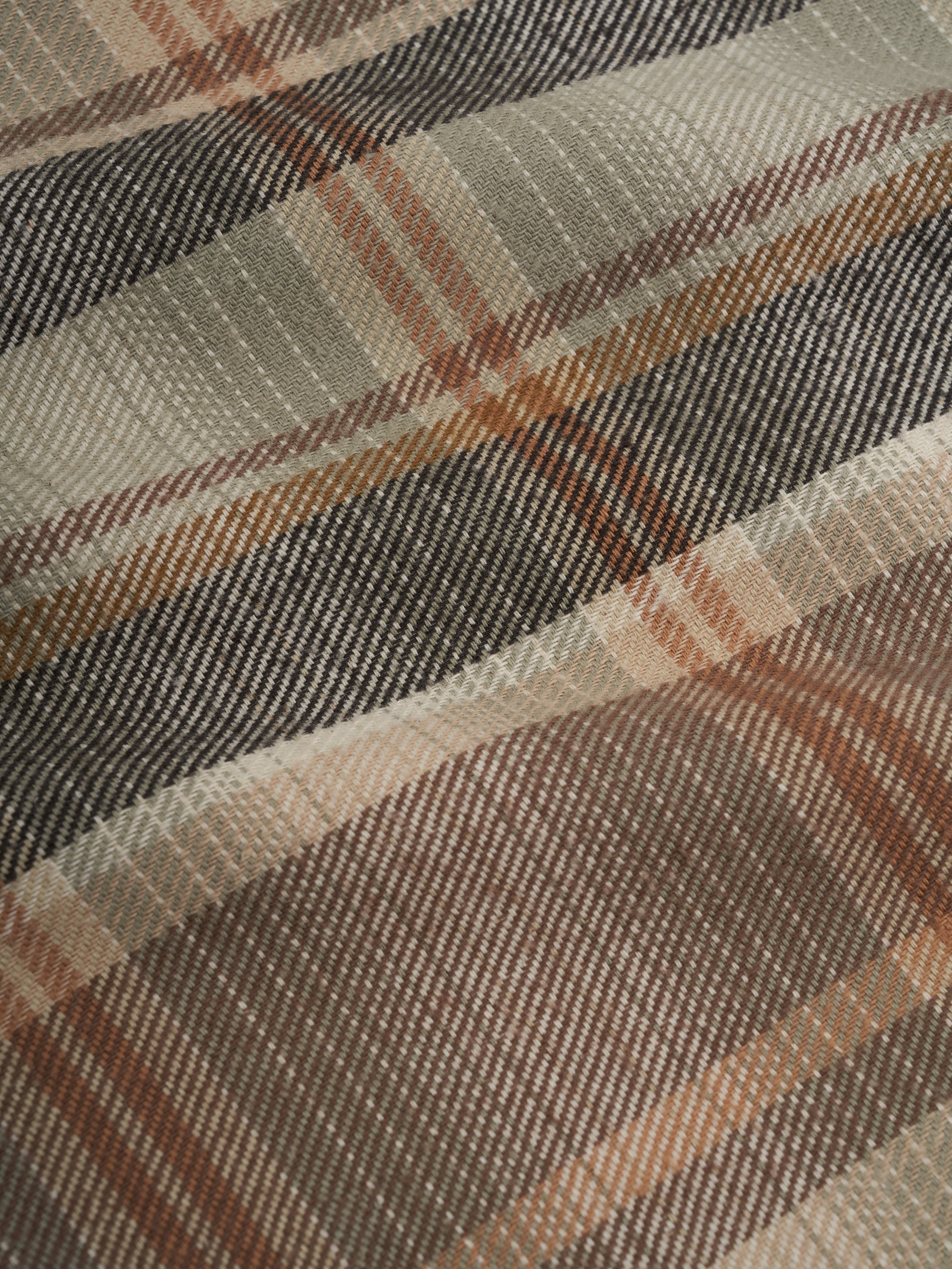 Close up material shot of Oliver Spencer Men&#39;s Beige Brushed Cotton Check Overshirt