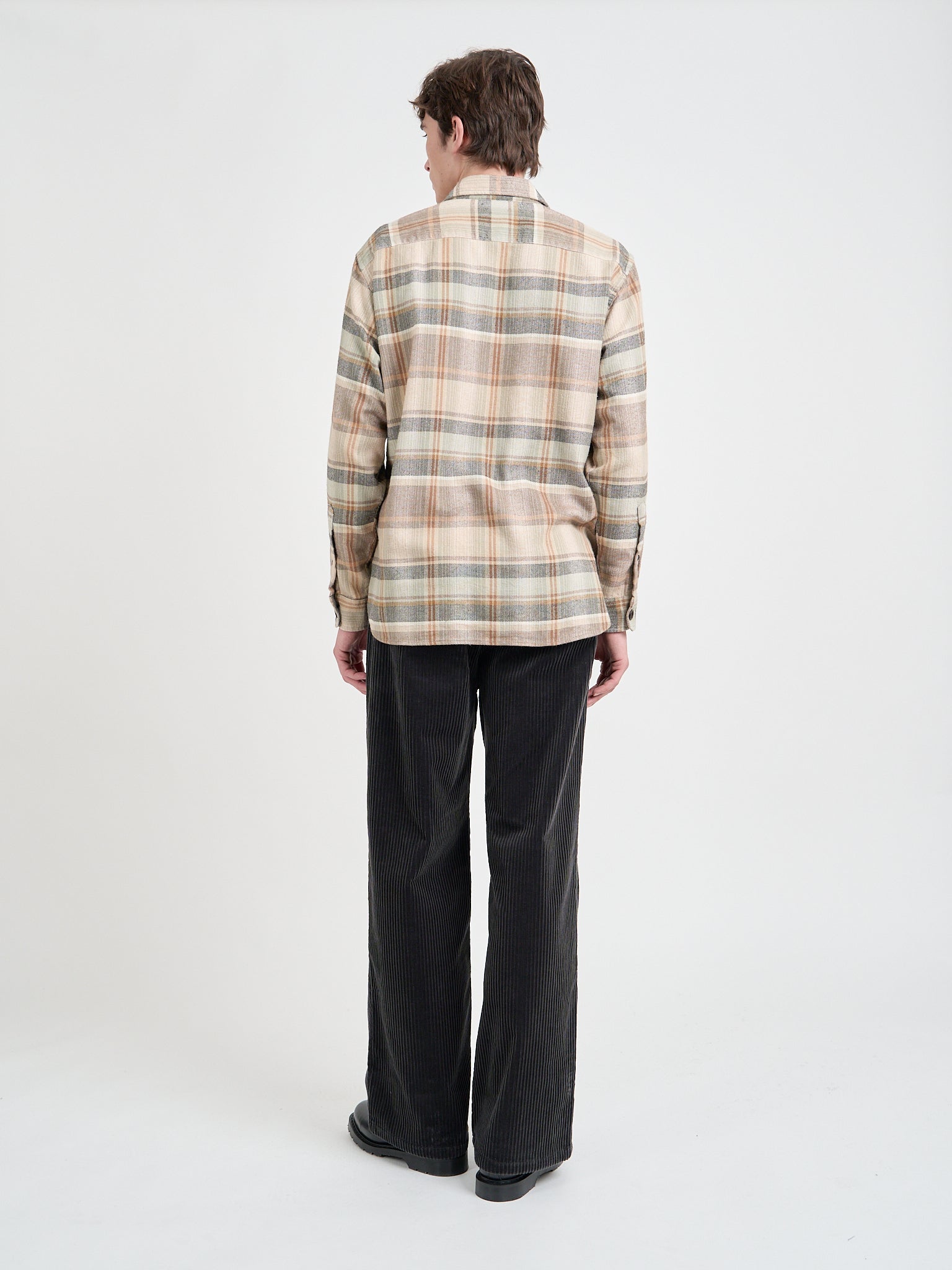 Back shot of model wearing an Oliver Spencer Men's Beige Brushed Cotton Check Overshirt