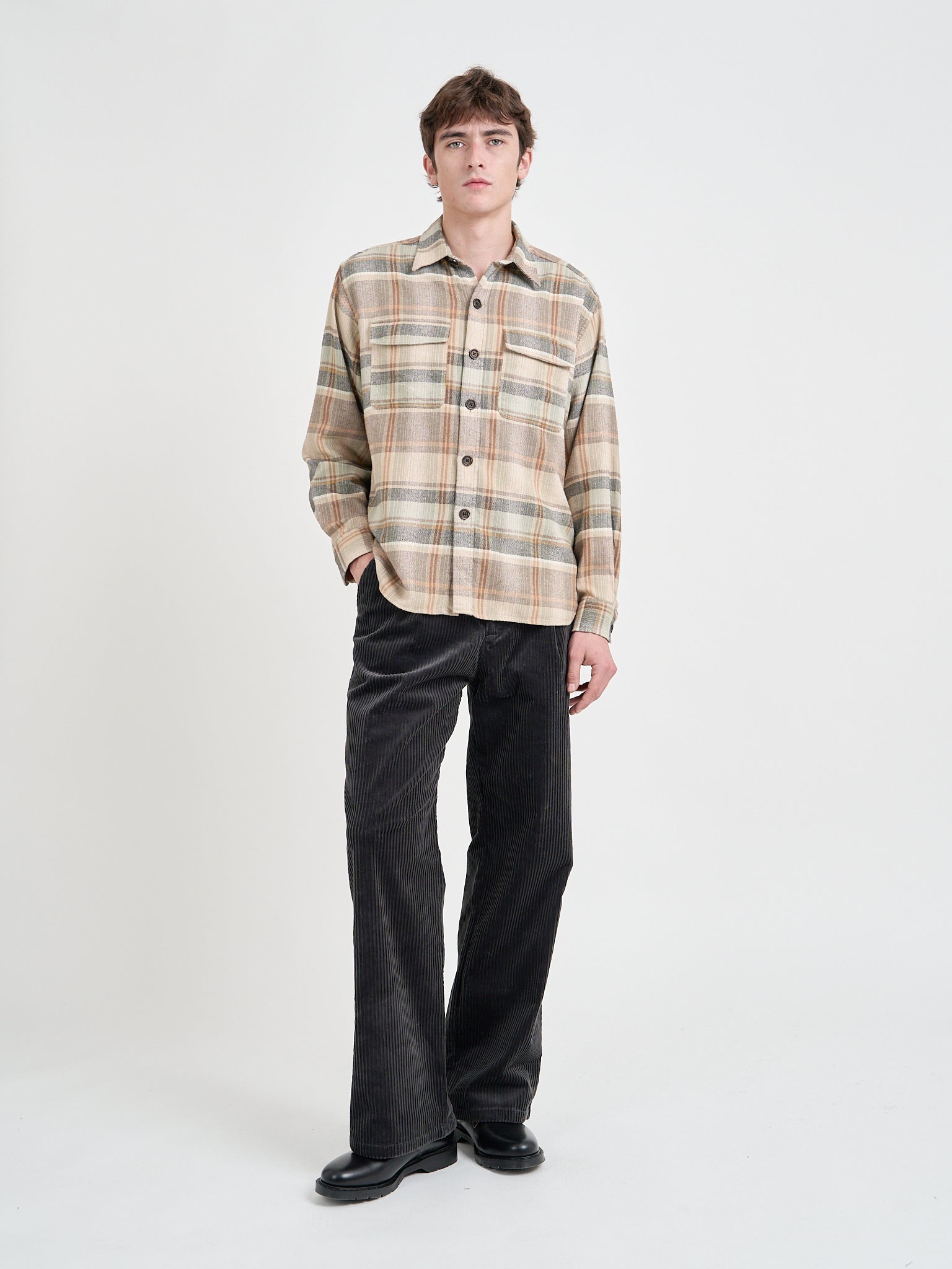Model wearing an Oliver Spencer Men's Beige Brushed Cotton Check Overshirt