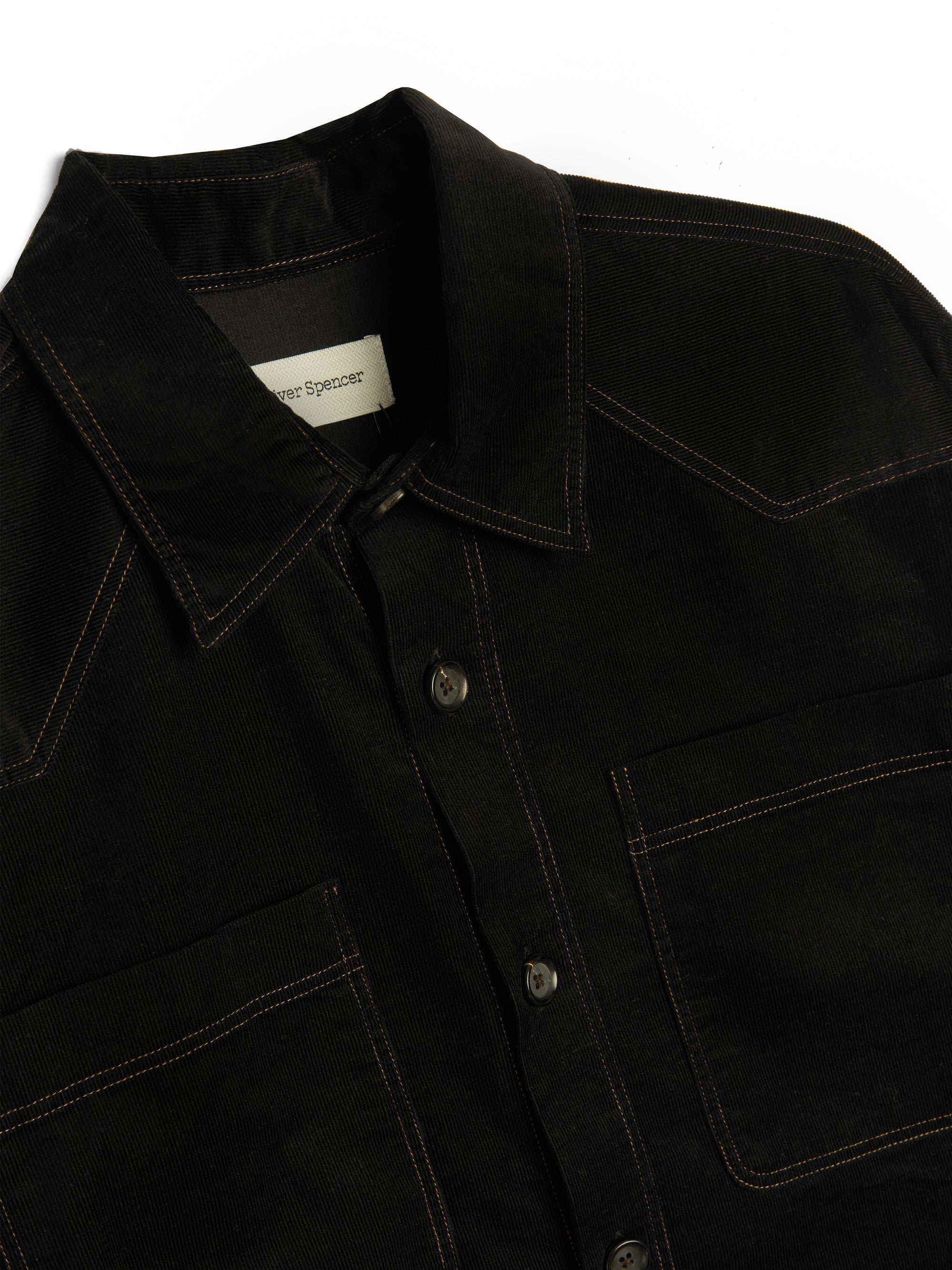 Collar shot of Oliver Spencer Men's Black Midweight Cotton Corduroy Western Shirt