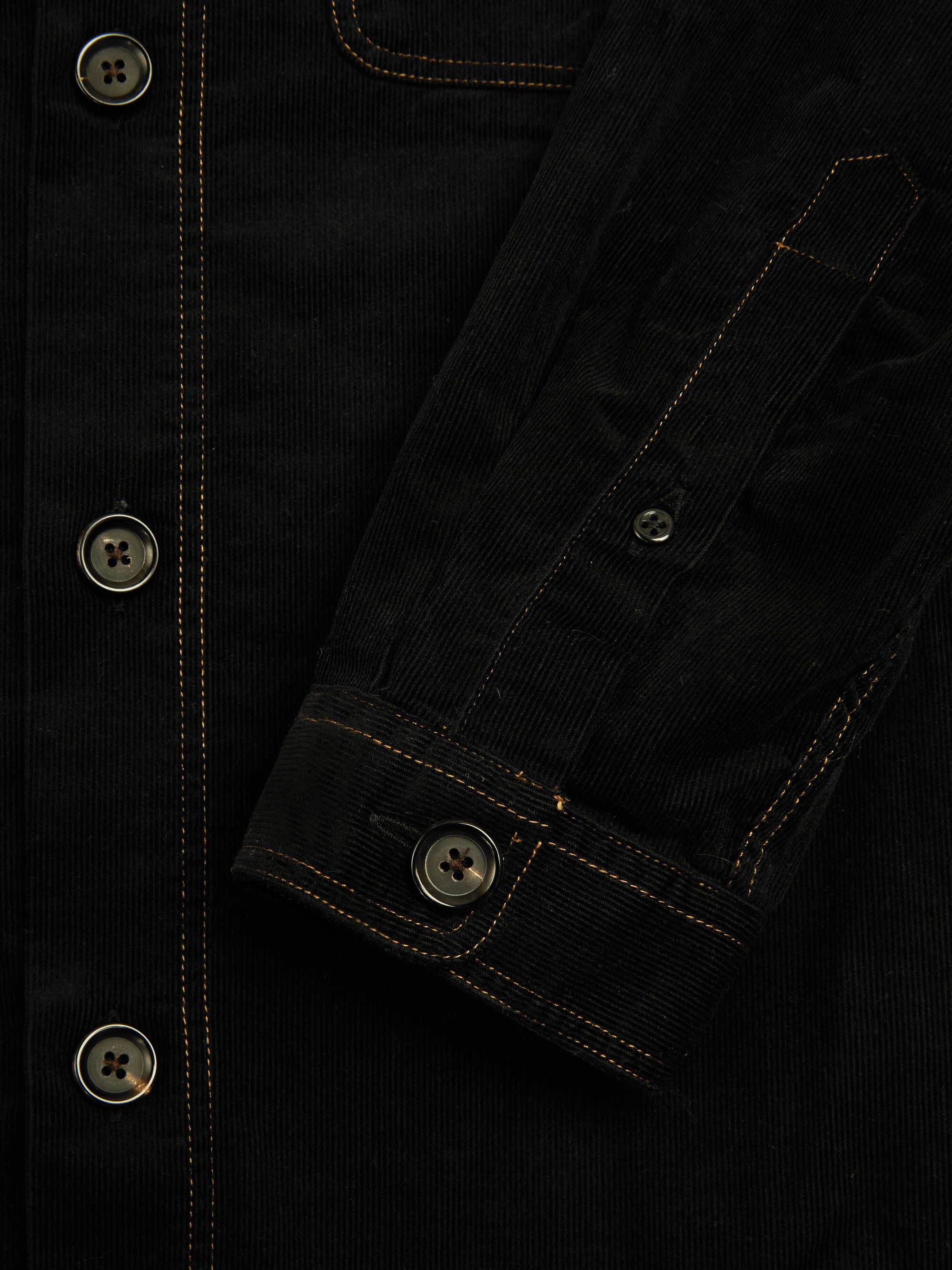 Cuff shot of Oliver Spencer Men's Black Midweight Cotton Corduroy Western Shirt