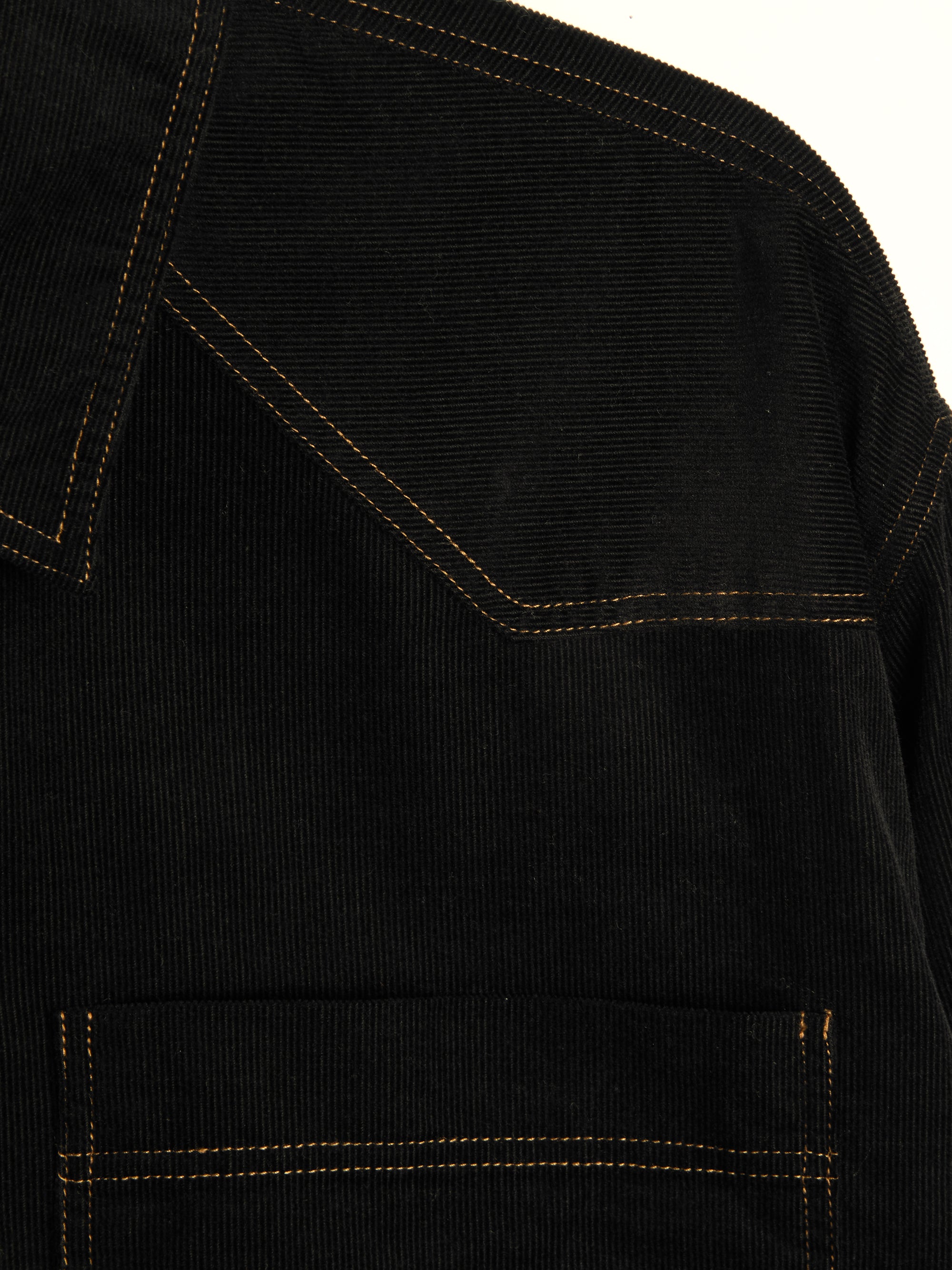 Detailed shoulder shot of Oliver Spencer Men's Black Midweight Cotton Corduroy Western Shirt