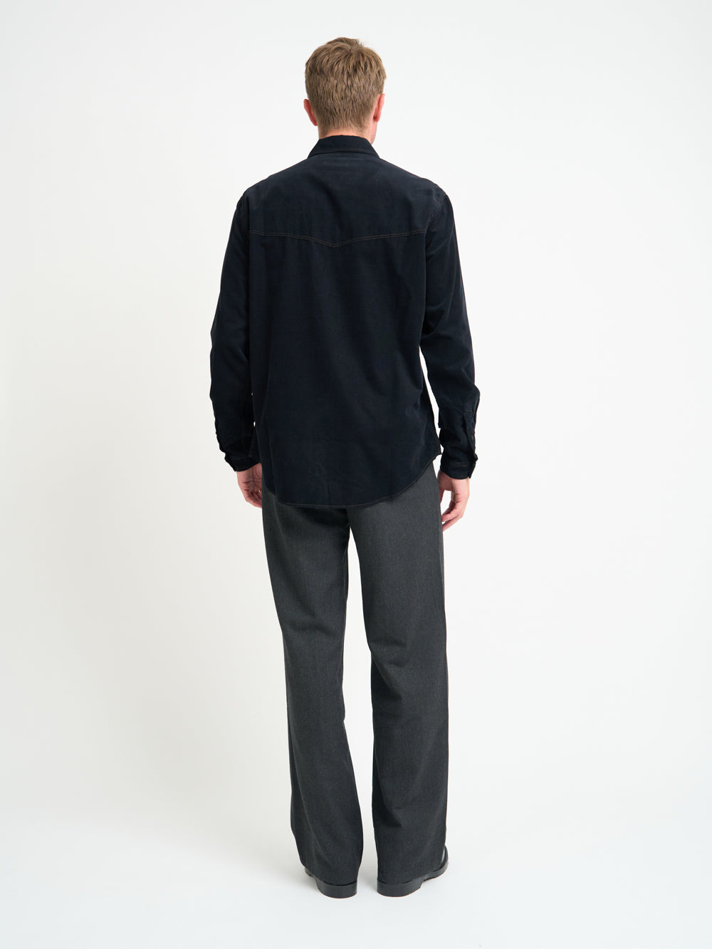 Back shot of Model wearing Oliver Spencer Men's Black Midweight Cotton Corduroy Western Shirt