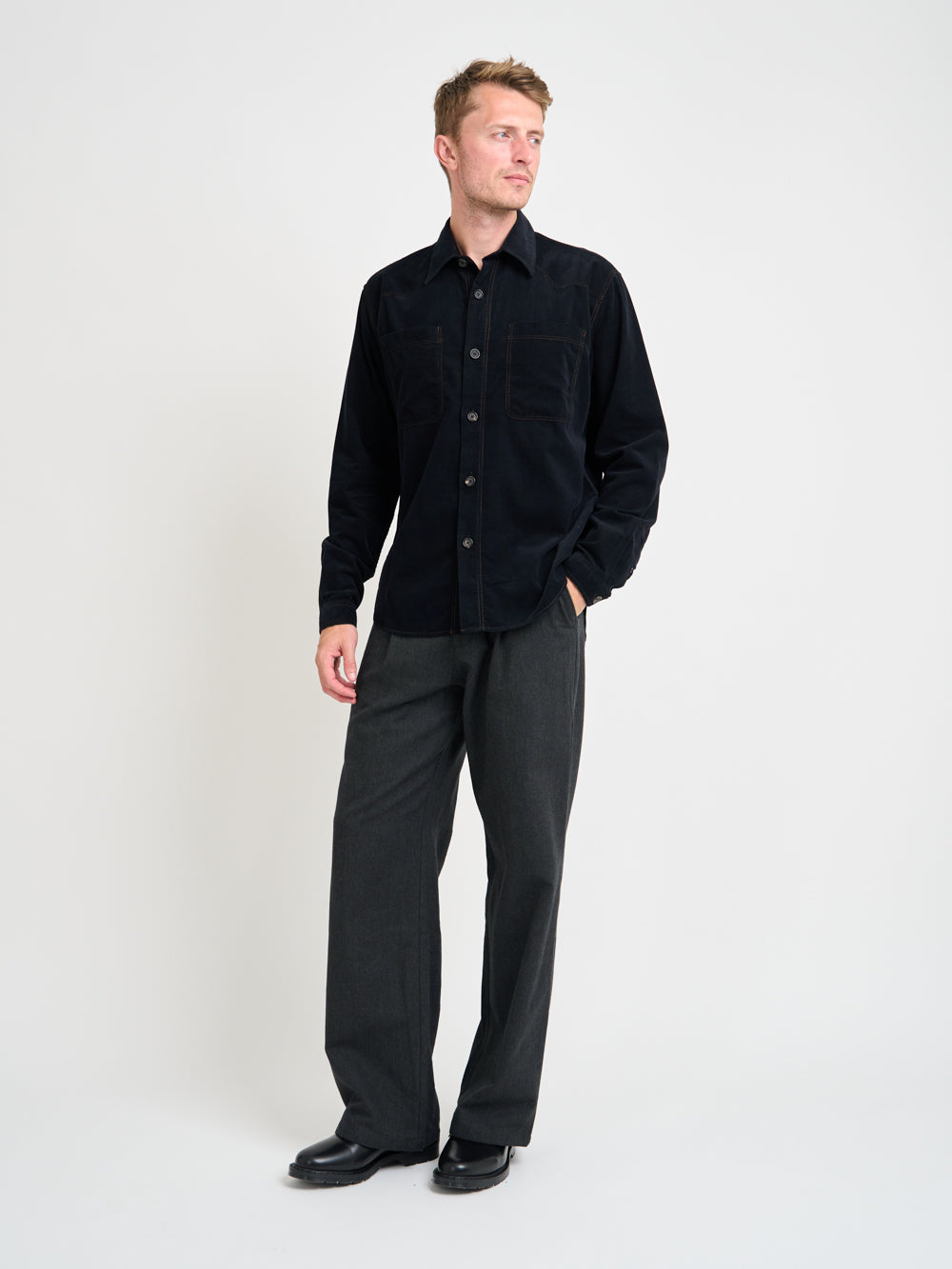 Model wearing Oliver Spencer Men's Black Midweight Cotton Corduroy Western Shirt