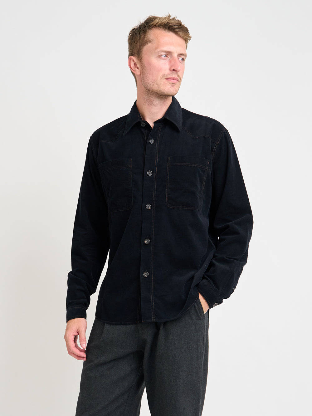 Shot of model wearing Oliver Spencer Men&#39;s Black Midweight Cotton Corduroy Western Shirt