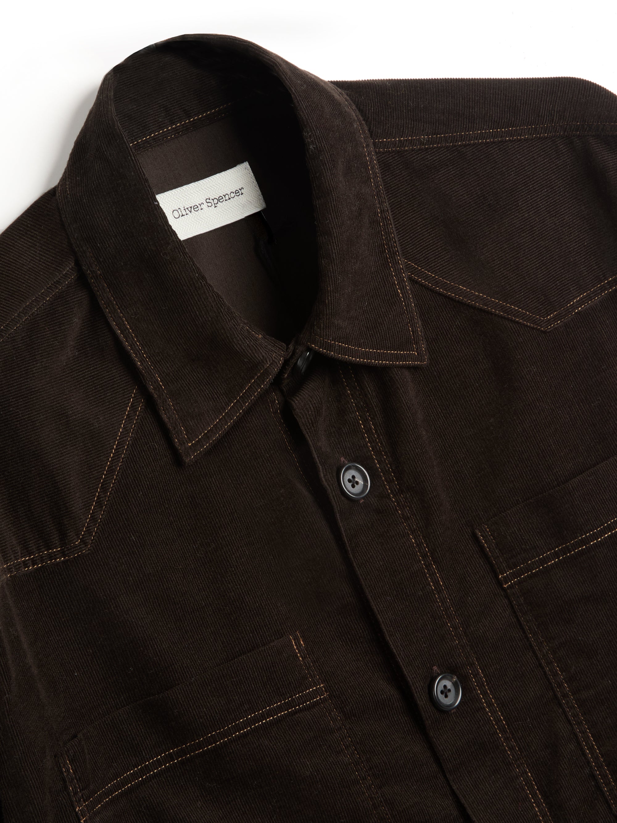 Collar shot of Oliver Spencer Men's Brown Midweight Cotton Corduroy Western Shirt