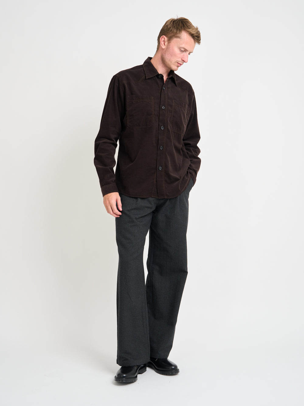 Model wearing Oliver Spencer Men's Brown Midweight Cotton Corduroy Western Shirt