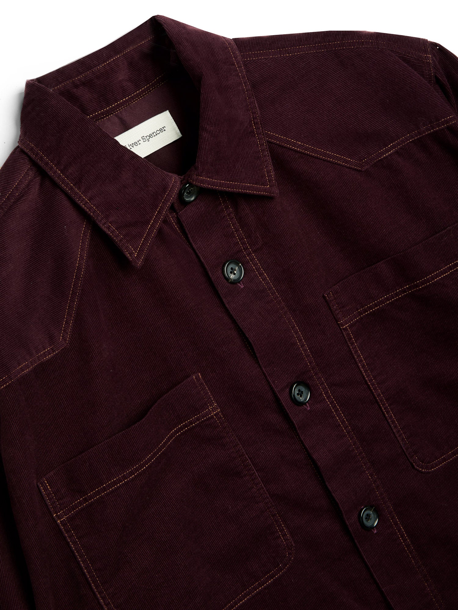 Collar Shot of Oliver Spencer Men's Burgundy Midweight Cotton Corduroy Western Shirt 