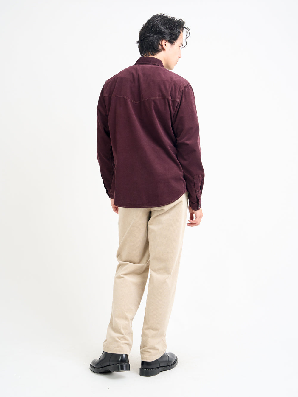 Back Shot of Model wearing Oliver Spencer Men's Burgundy Midweight Cotton Corduroy Western Shirt 