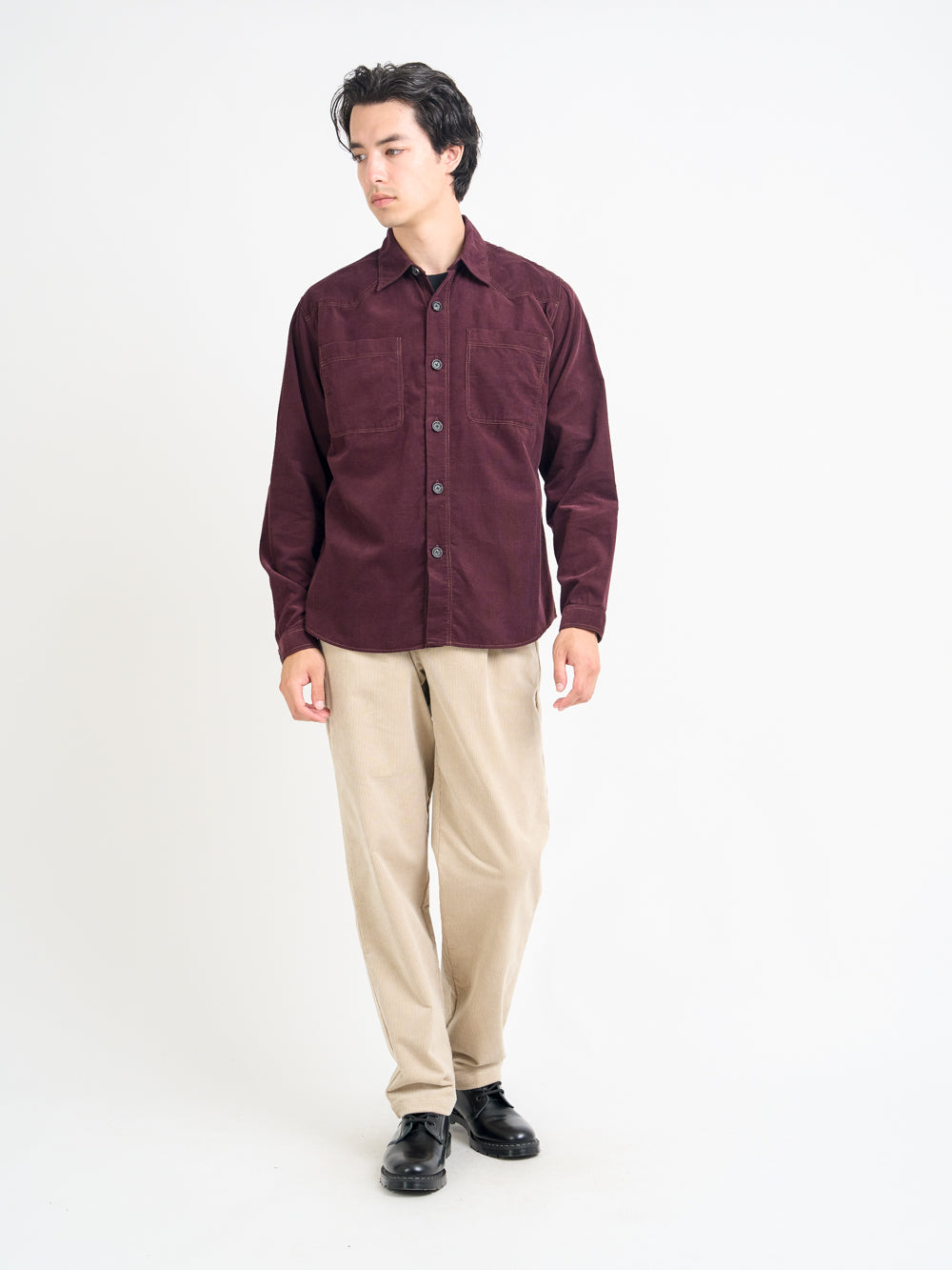 Model wearing Oliver Spencer Men's Burgundy Midweight Cotton Corduroy Western Shirt 