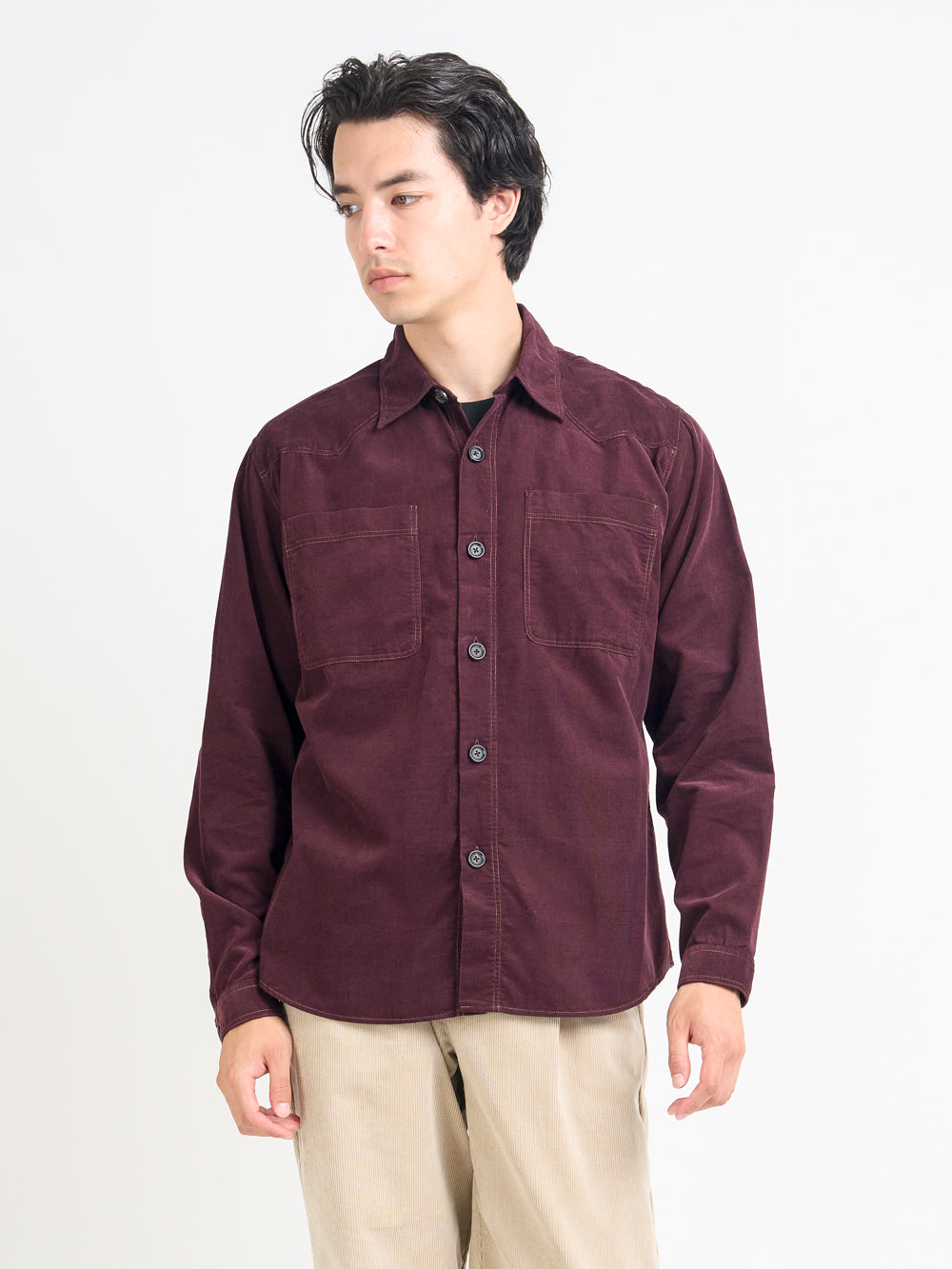 Close Shot of Model wearing Oliver Spencer Men&#39;s Burgundy Midweight Cotton Corduroy Western Shirt 