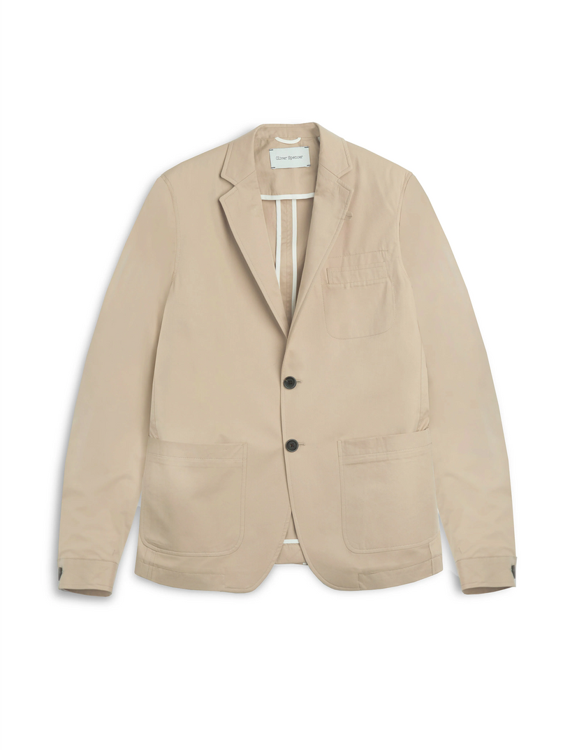 Oliver Spencer Men's Unstructured Notch Lapel Beige Cotton Jacket Flat Shot
