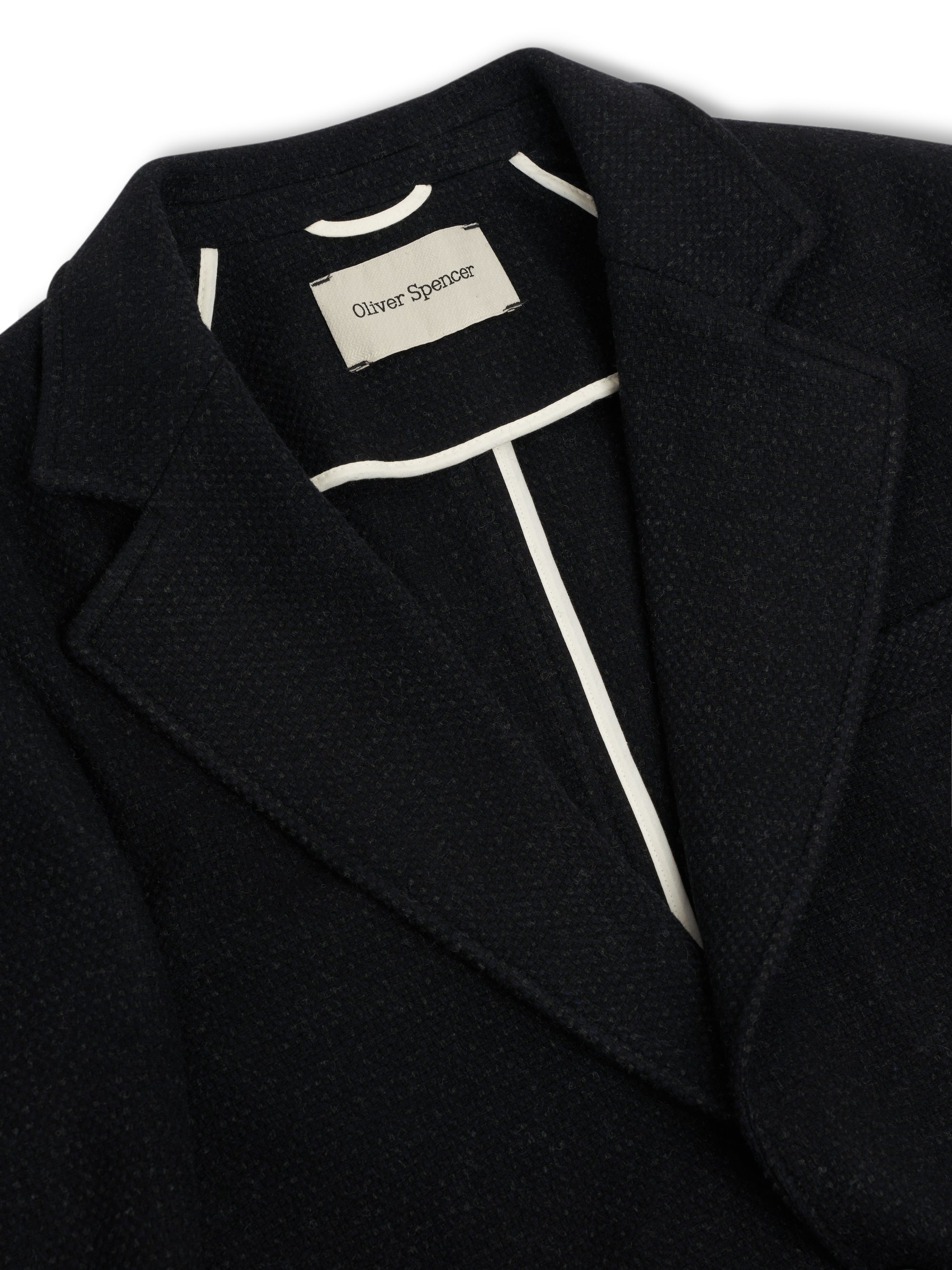 Detailed collar shot of Oliver Spencer Men's Black Wool Single-Breasted Black Jacket