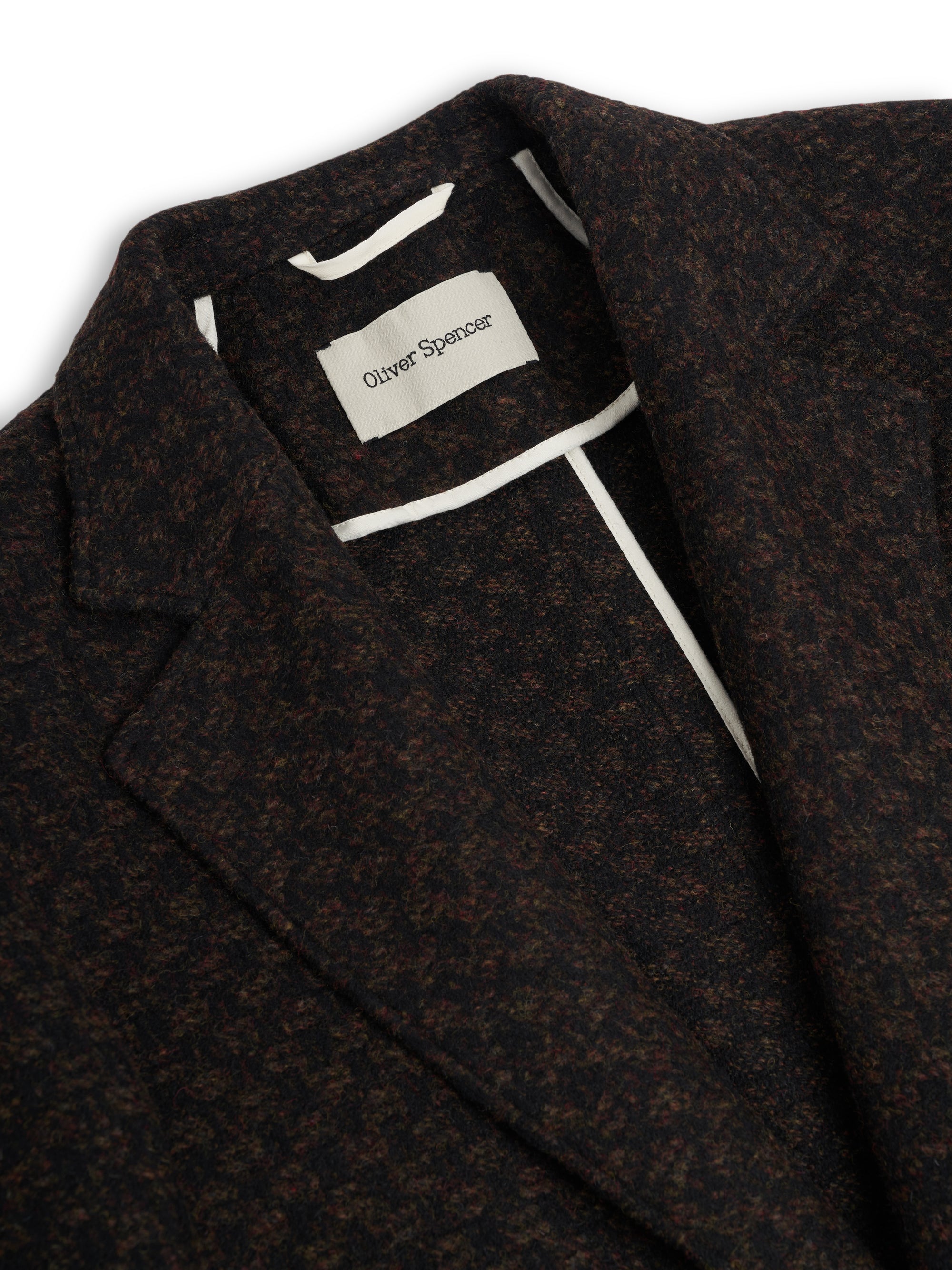 Close up collar shot of Oliver Spencer Men's Checked Brown Wool Single-Breasted Jacket