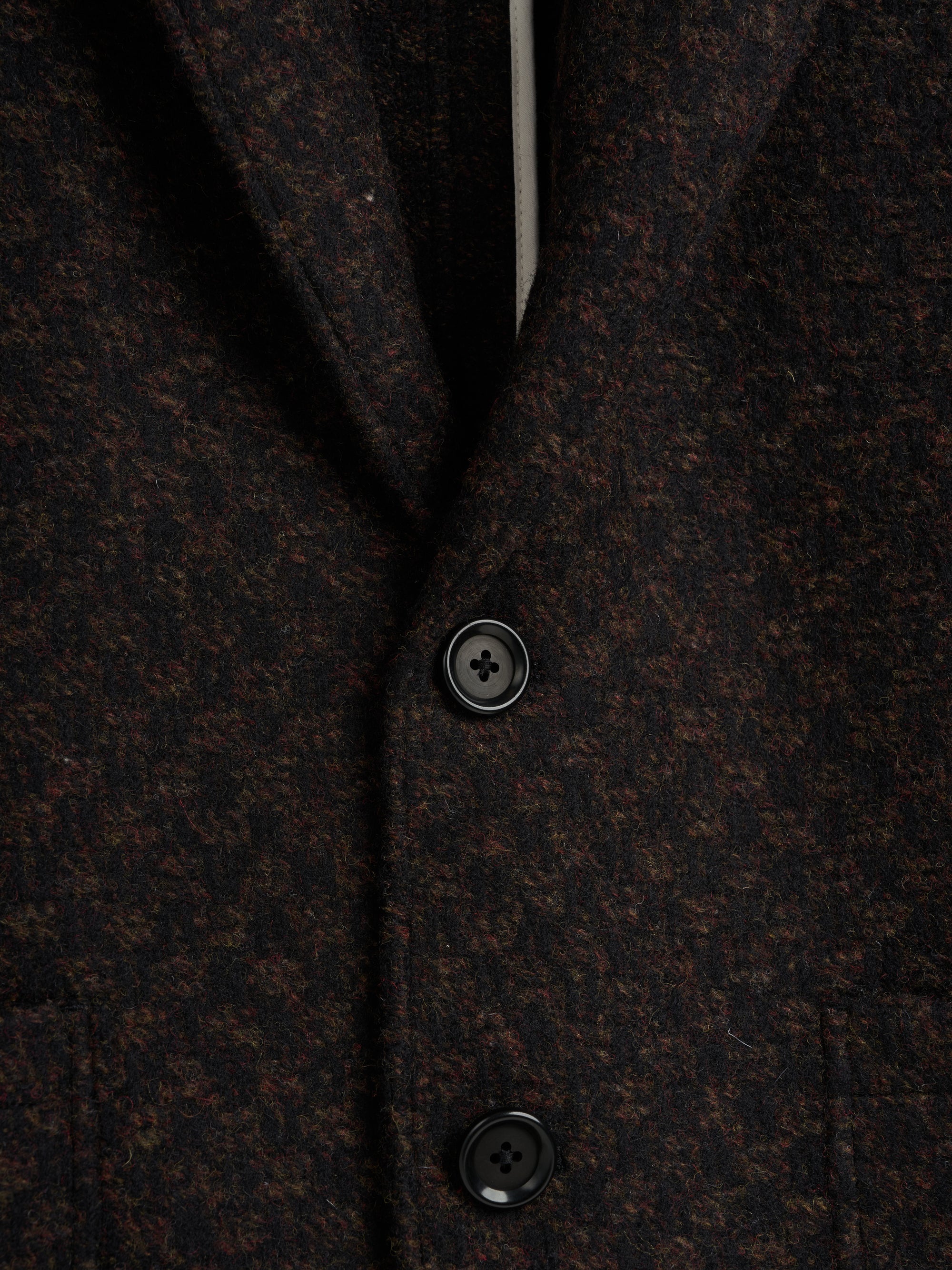Close up button shot of Oliver Spencer Men's Checked Brown Wool Single-Breasted Jacket