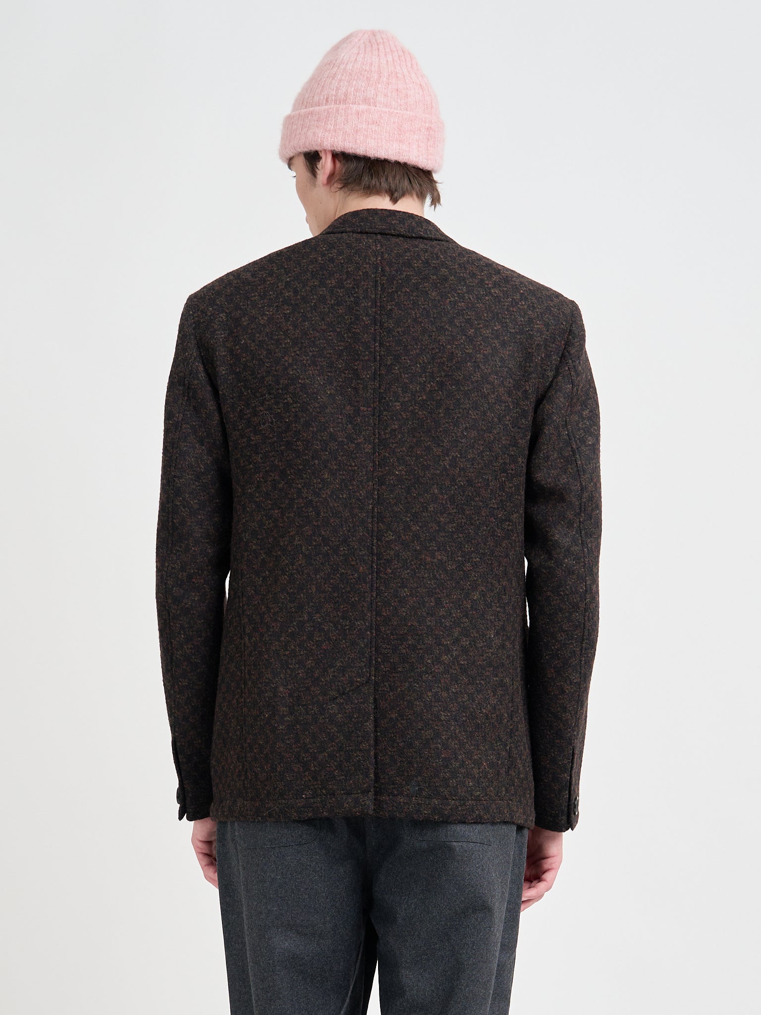 Close up back shot of model wearing Oliver Spencer Men's Checked Brown Wool Single-Breasted Jacket