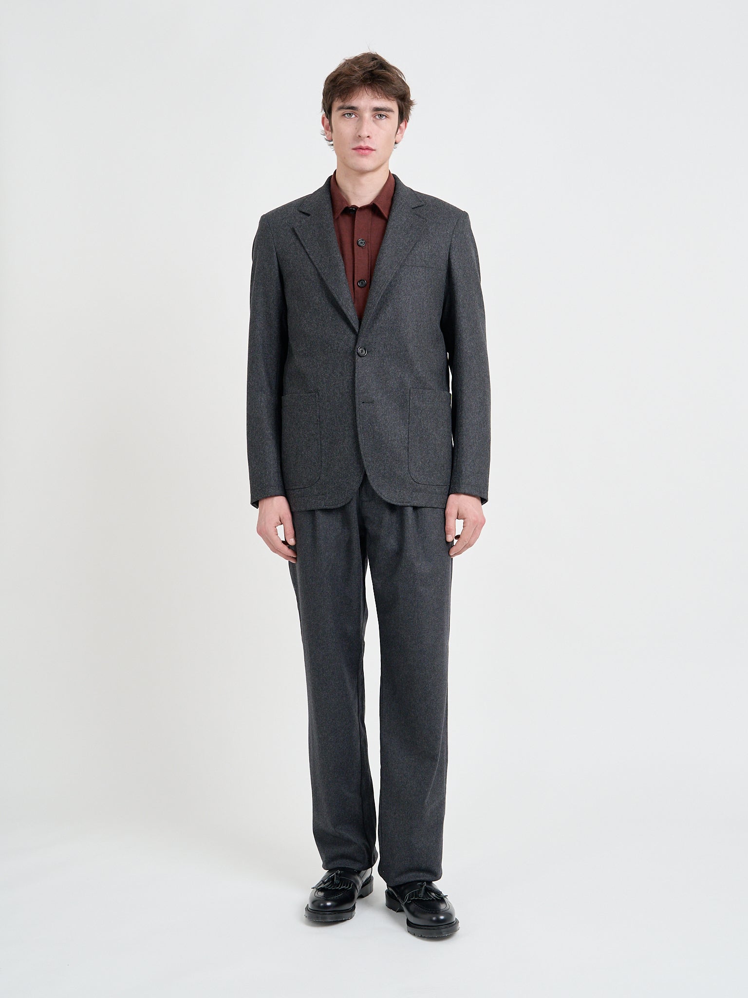 Model wearing Oliver Spencer Men's Charcoal Grey Wool Single-Breasted Jacket 