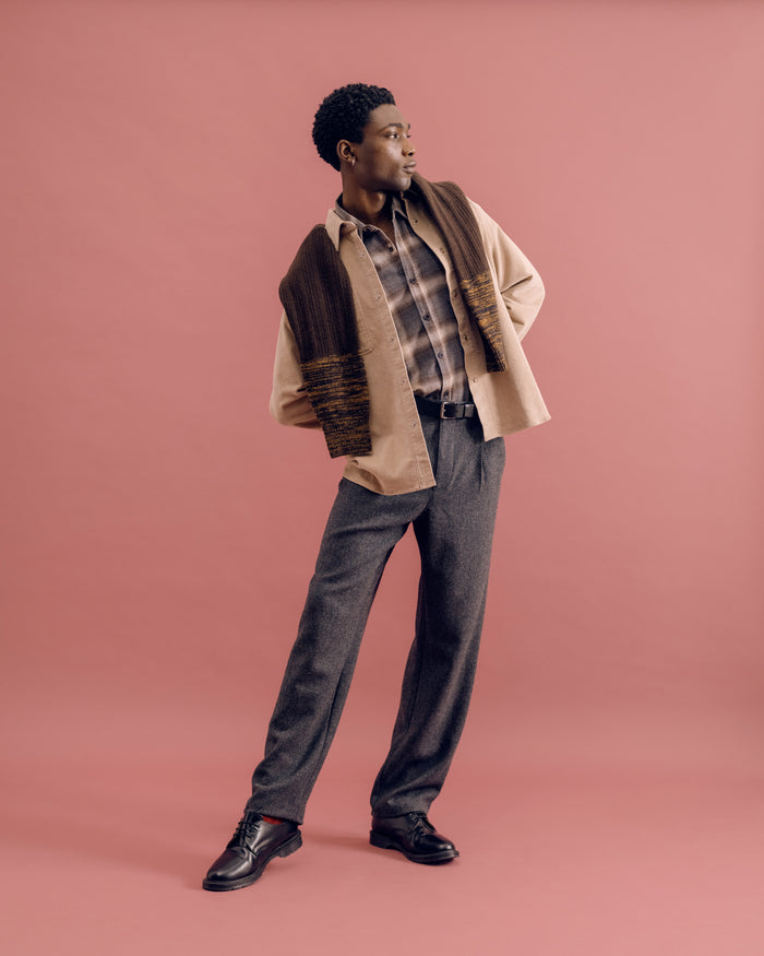 A grey check New York Special shirt under a cream corduroy Quito overshirt