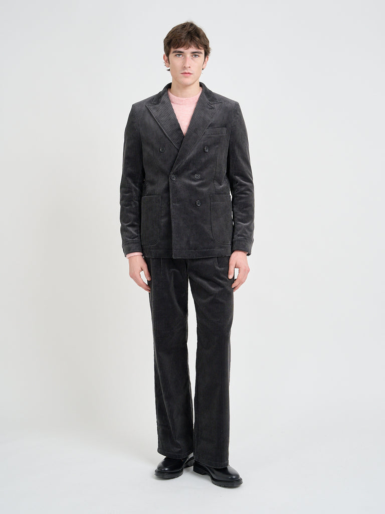 Video of model wearing a Grey Oliver Spencer Cotton Corduroy Double-Breasted Jacket